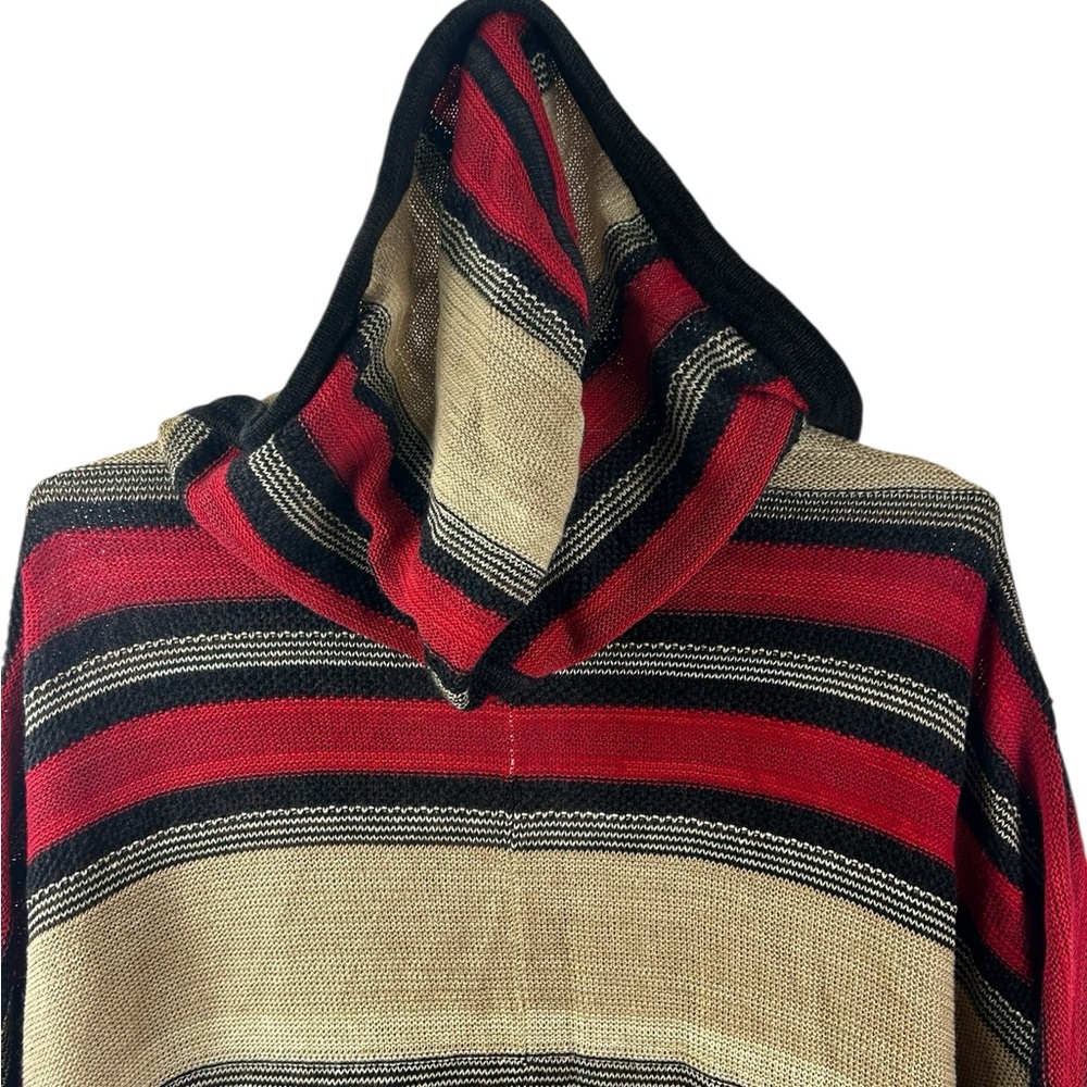 Lauren Ralph Lauren Active red, black, and tan striped hooded knit poncho - Picture 5 of 7